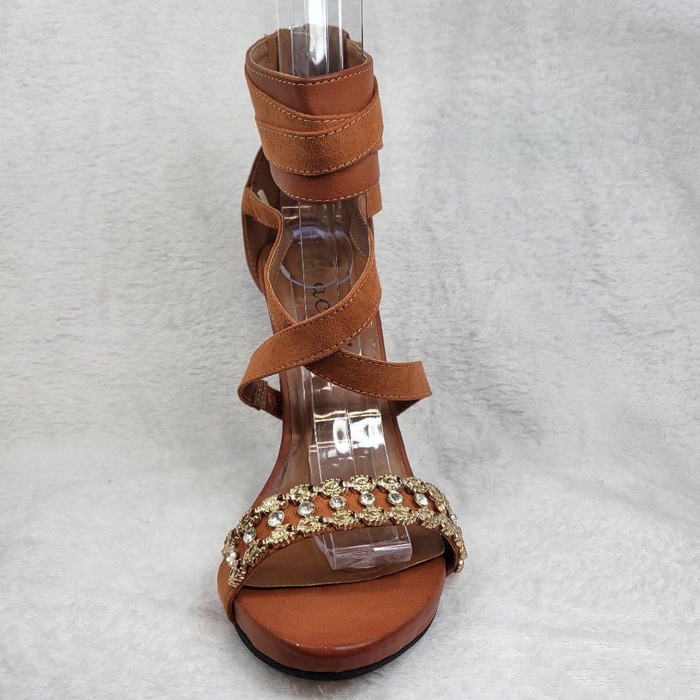 **LAST ONE LEFT*** Cross Strap 4.5" Stiletto Heel Shoes Camel Tan - Picture 4 of 7